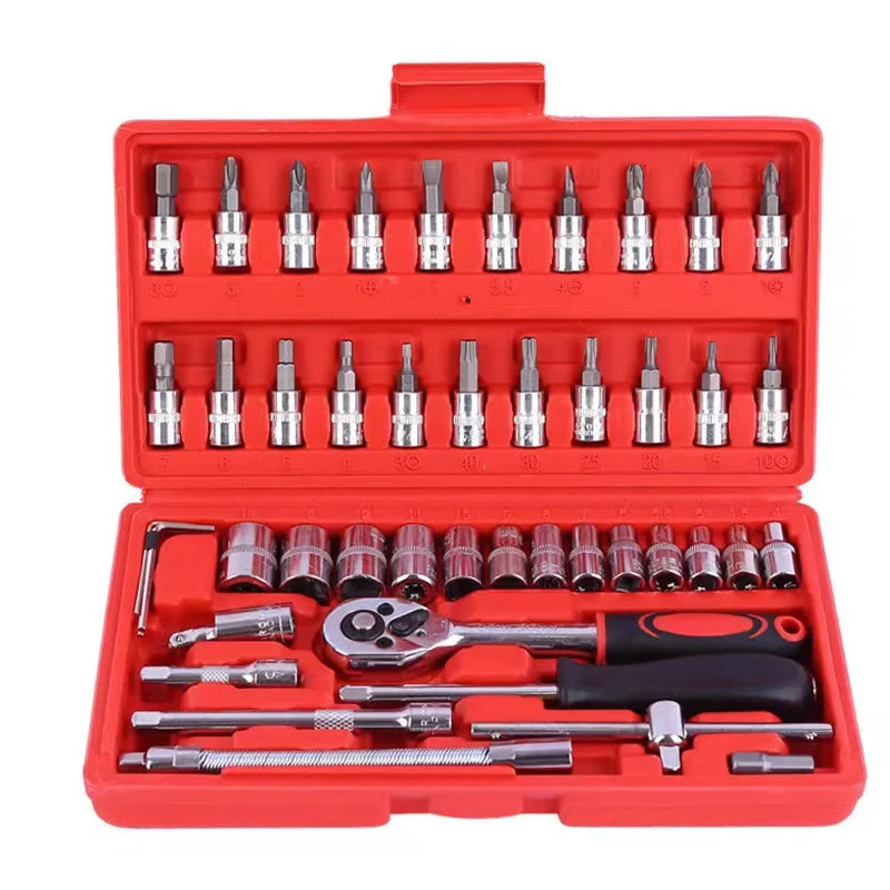 46-piece multi-functional auto repair wrench set from BackupMyFilesNow.com with sockets, small hand tools, and a universal manual toolbox.