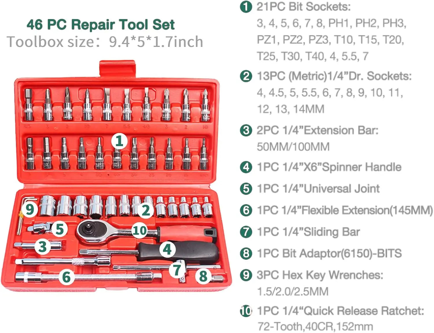 46-piece multi-functional auto repair wrench set from BackupMyFilesNow.com, includes sockets, hand tools, and a compact toolbox.