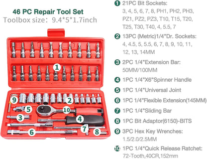 46-piece multi-functional auto repair wrench set from BackupMyFilesNow.com, includes sockets, hand tools, and a compact toolbox.