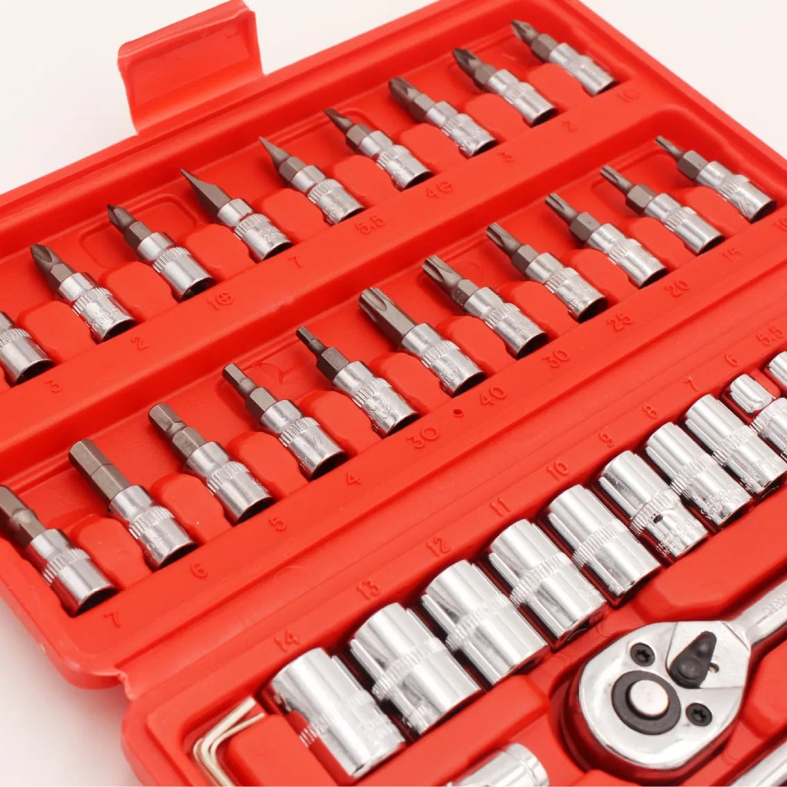 46-piece BackupMyFilesNow.com multi-functional auto repair wrench set with sockets, including small hand tools in a black toolbox.
