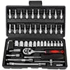 46-piece multi-functional auto repair wrench set with sockets in black, including small hand tools and a universal manual toolbox.