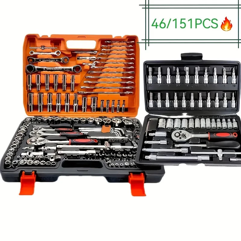 Red 46-piece socket tool set with ratchet wrenches, chrome vanadium steel, for automotive and motorcycle repair by BackupMyFilesNow.com