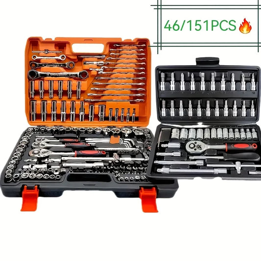 Red 46-piece socket tool set with ratchet wrenches, chrome vanadium steel, for automotive and motorcycle repair by BackupMyFilesNow.com