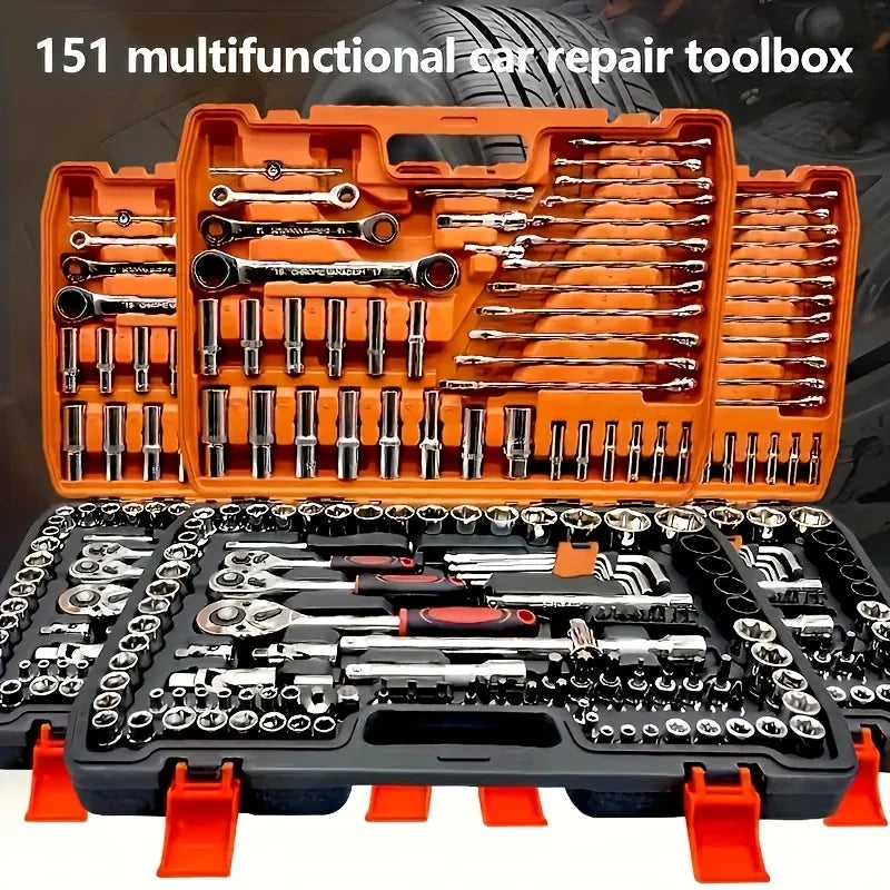 150/46pcs socket tool set with chrome vanadium steel, includes ratchet wrenches, ideal for automotive and motorcycle repairs