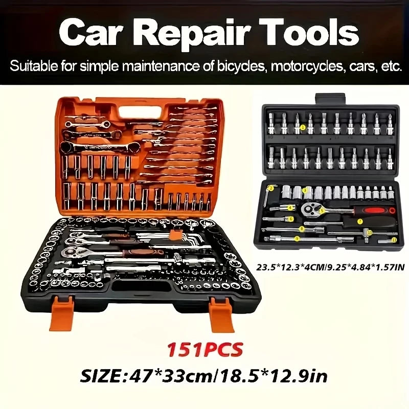 Red 46-piece socket tool set with ratchet wrenches, durable chrome vanadium steel, for automotive and motorcycle repairs.