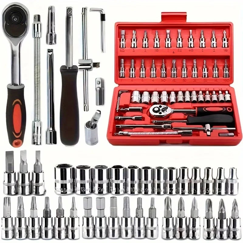 150/46pcs socket tool set with chrome vanadium steel, includes ratchet wrenches for automotive and motorcycle repair.