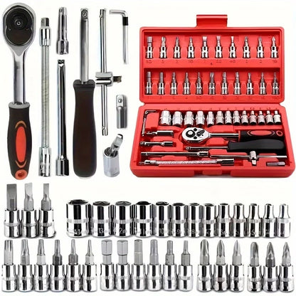 150/46pcs socket tool set with chrome vanadium steel, includes ratchet wrenches for automotive and motorcycle repair.