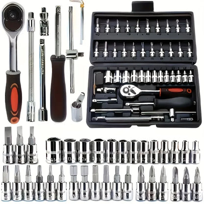 150/46pcs socket tool set with ratchet wrenches, durable chrome vanadium steel for automotive and motorcycle repairs.