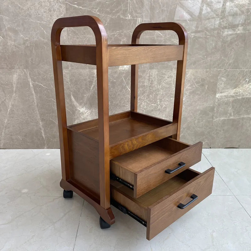 Chocolate-colored solid wood salon trolley cart with double drawers, designed for beauty salons and barbershops.