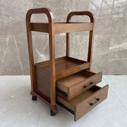 Chocolate-colored solid wood salon trolley cart with double drawers, designed for beauty salons and barbershops.