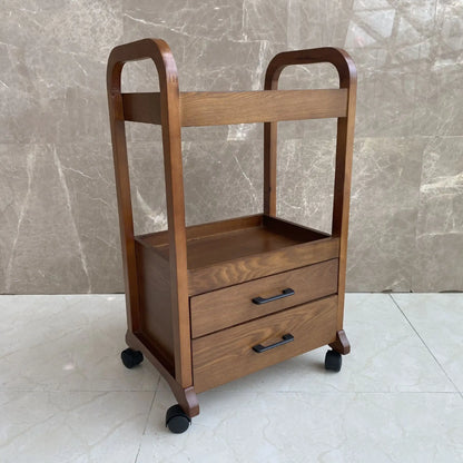 Solid wood beauty salon trolley cart with double drawers, chocolate finish, durable barber and salon trolley for professional use