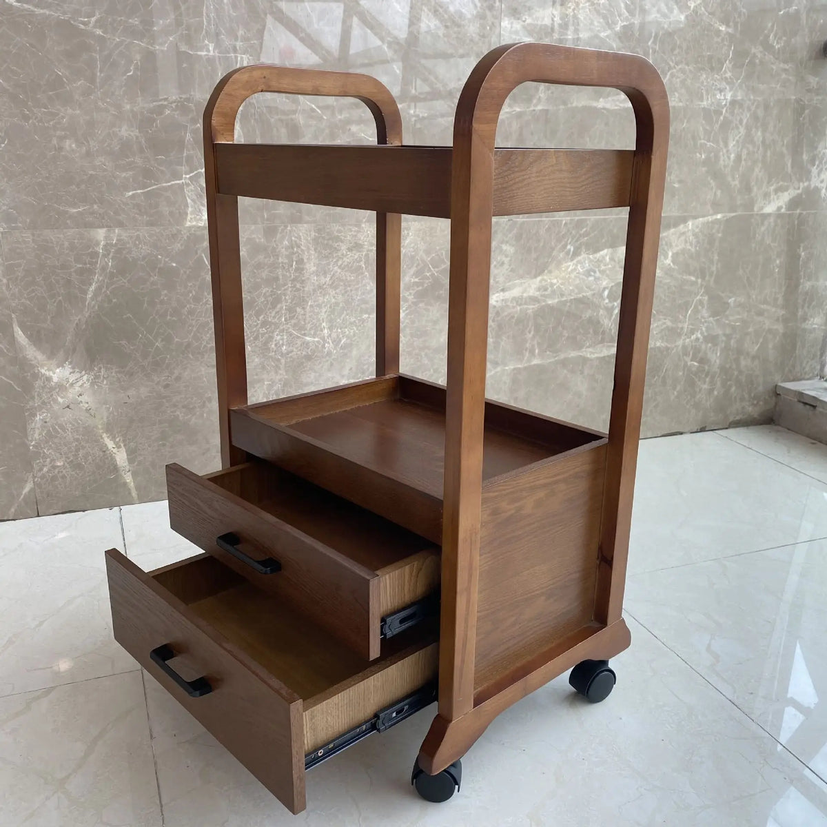 Chocolate-colored solid wood beauty salon trolley cart with double drawers, ideal for salon or barber shop storage.