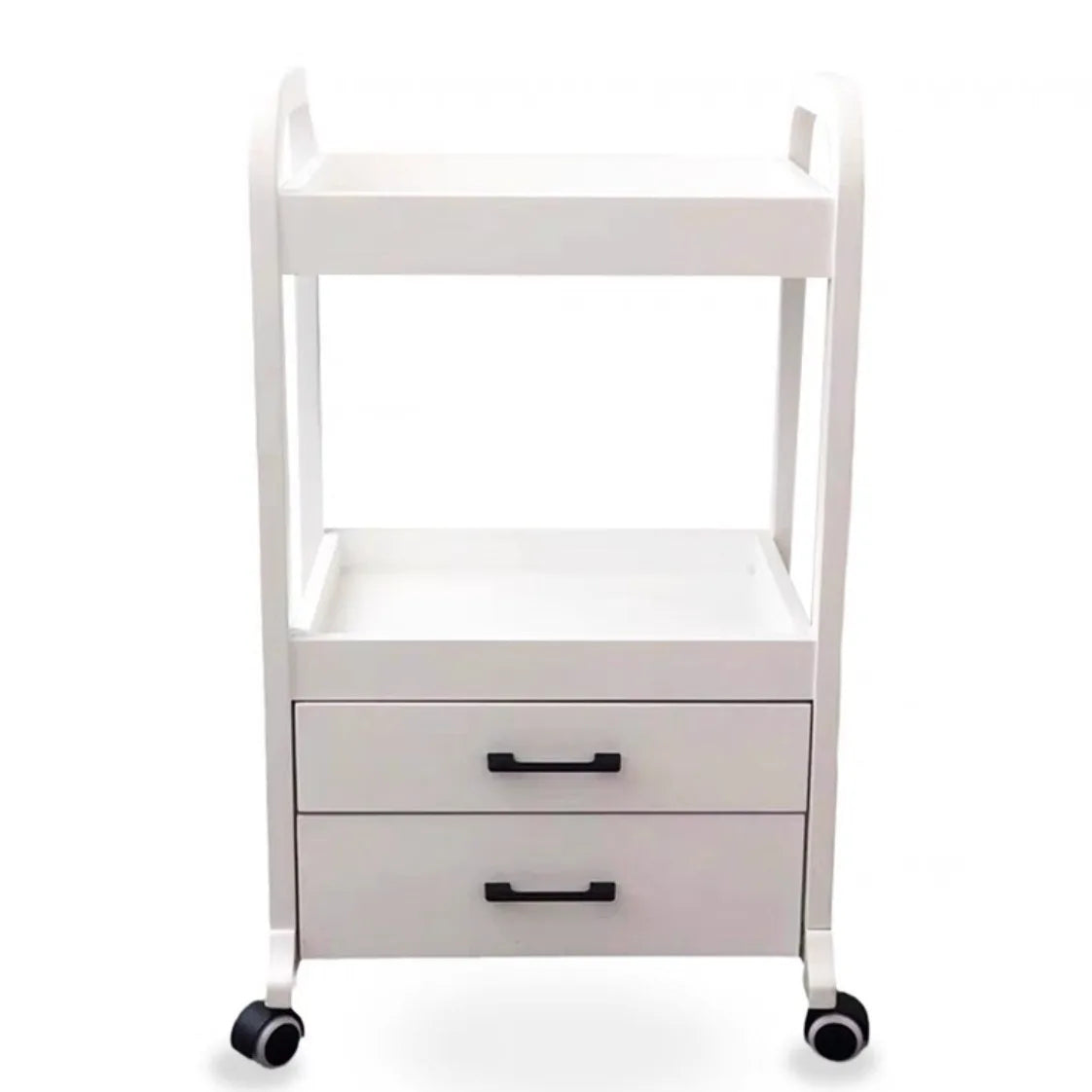 Chocolate-colored solid wood salon trolley cart with double drawers, designed for beauty salons and barbershops.