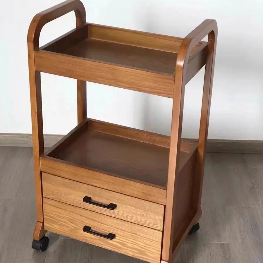 Solid wood beauty salon trolley cart with double drawers, chocolate finish, durable barber trolley for salon or barber shop use.