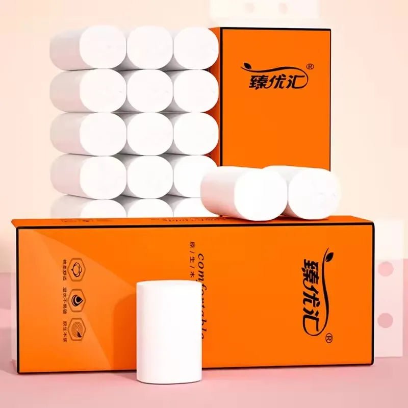 48-pack of coreless Familia household toilet paper and paper towel log rolls, including 16, 32, and 48 roll options, multiple rolls shown.