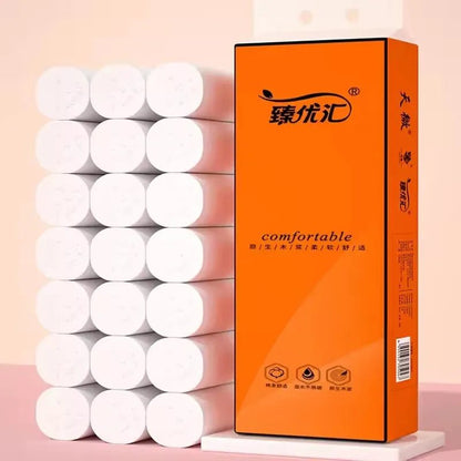 BackupMyFilesNow® 48-roll pack of coreless household toilet paper and hand towels, stacked in a box, ready for use.