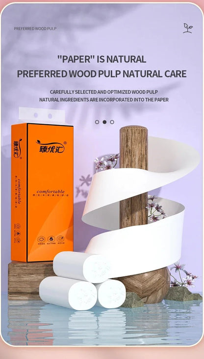 48 rolls of coreless household toilet paper and paper towels, stored in a neat, organized stack.