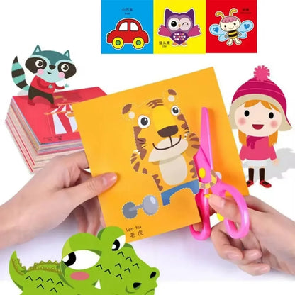 Colorful handmade paper cutouts in various cartoon patterns for kids' craft, scrapbooking, and DIY art projects.