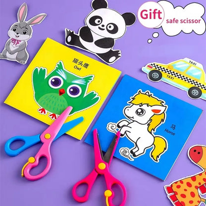 Colorful handmade paper cutouts for kids' craft projects, featuring cartoon patterns for scrapbooking and creative learning activities.