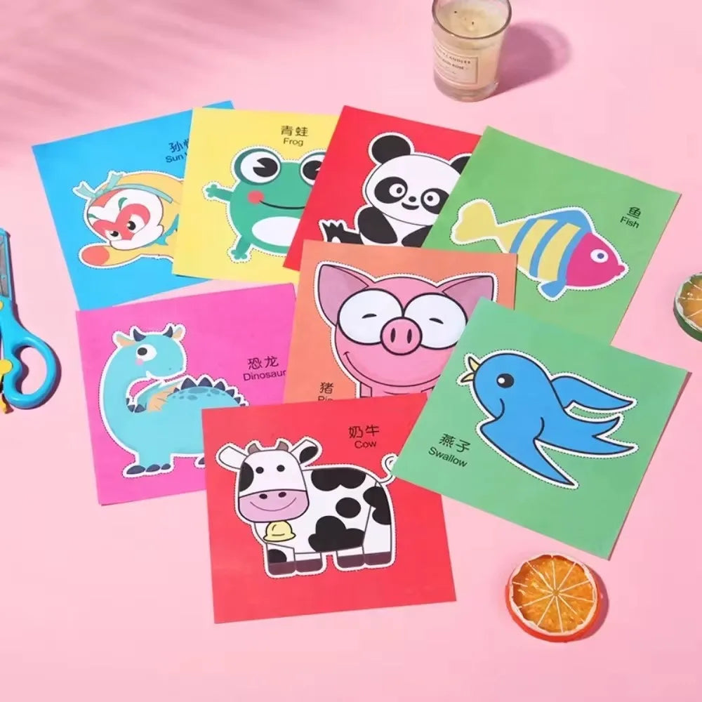Set of 48 handmade paper cut craft toys with colorful cartoon patterns for kids' scrapbooking, learning, and creative art projects.