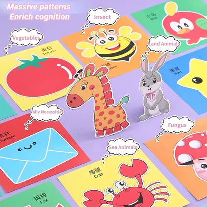 Set of 48 handmade paper cut craft toys for kids, featuring colorful cartoon patterns for scrapbooking and creative learning activities.