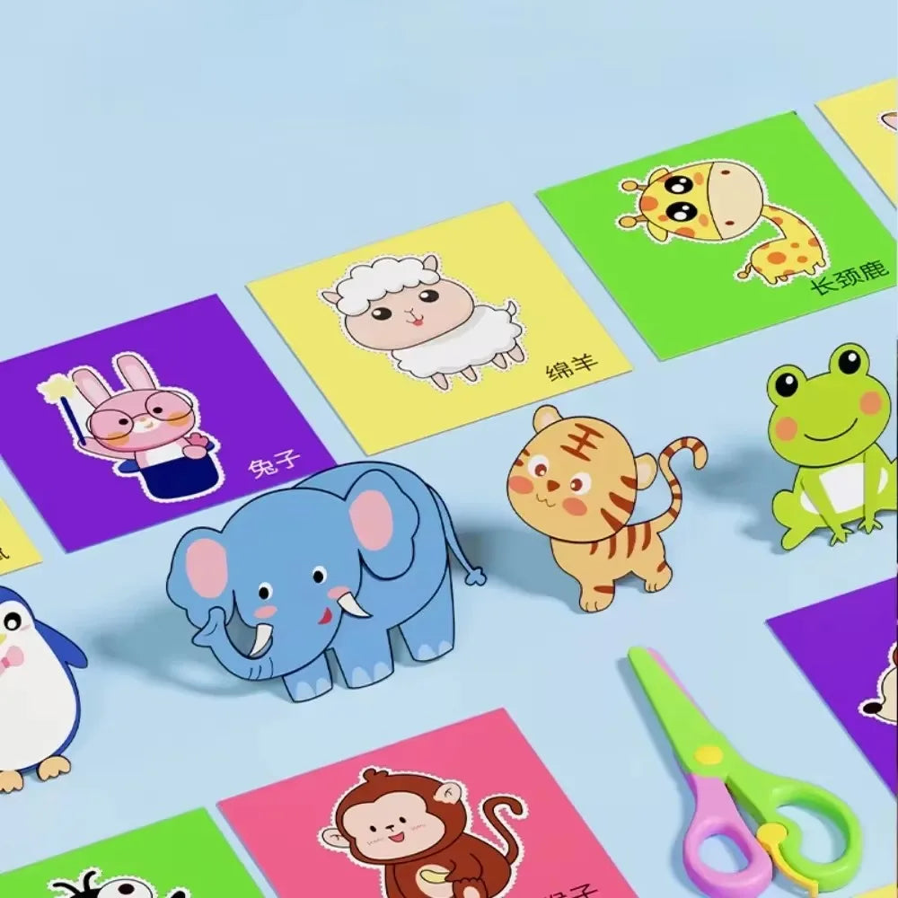 Set of 48 handmade paper cut craft toys with colorful cartoon patterns, ideal for kids' scrapbooking, art projects, and learning activities.