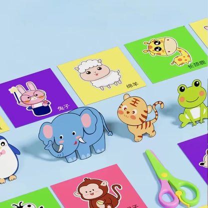 Set of 48 handmade paper cut craft toys with colorful cartoon patterns, ideal for kids' scrapbooking, art projects, and learning activities.