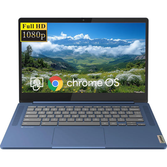 Lenovo IdeaPad Slim 3 Chromebook laptop with 14-inch FHD touchscreen, MediaTek processor, 4GB RAM, 320GB storage, Abyss Blue color.