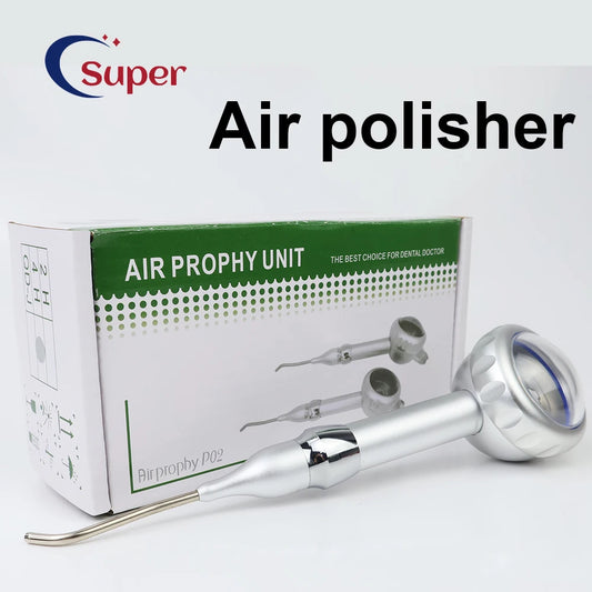Dental air water polisher with spray for teeth whitening and cleaning, used for oral hygiene and prophy polishing.