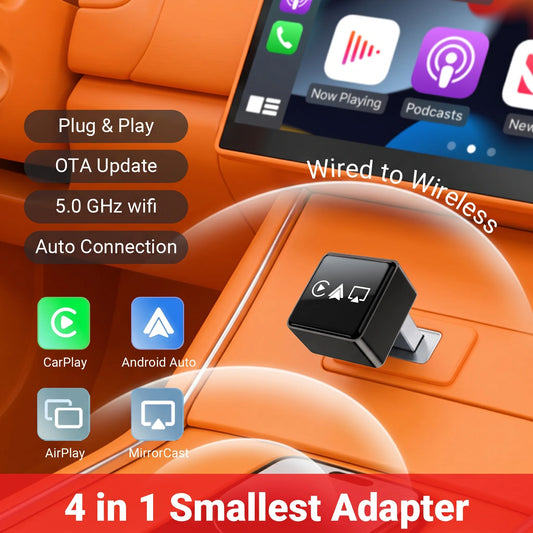 Smart 4-in-1 CarPlay wireless dongle from BackupMyFilesNow.com, showing device connected to car dashboard with wireless and wired options.