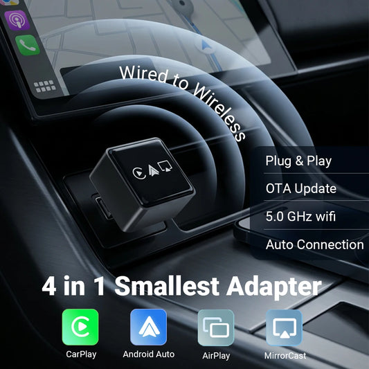 Smart 4-in-1 CarPlay wireless dongle for wired to wireless CarPlay and Android Auto conversion with AirPlay mirror casting.