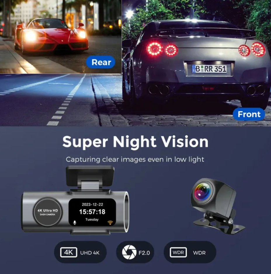4K WiFi night vision car security camera by BackupMyFilesNow.com showing lens and mounting bracket in a sleek black design.
