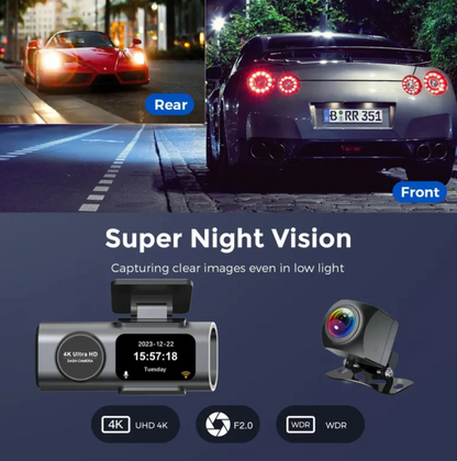 4K WiFi night vision car security camera by BackupMyFilesNow.com showing lens and mounting bracket in a sleek black design.