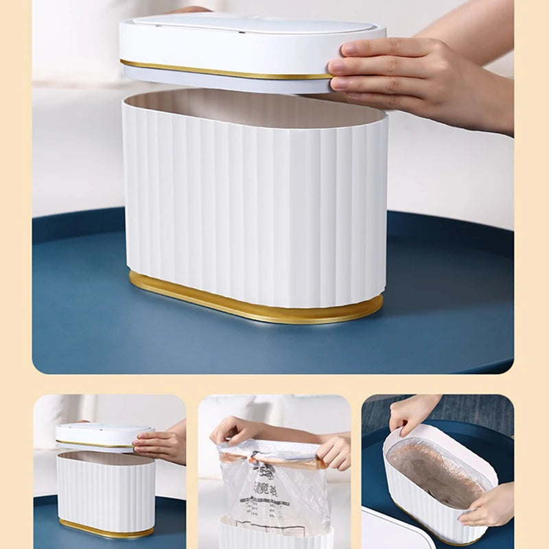 Small 4L smart sensor trash can from BackupMyFilesNow.com, featuring a sleek, light, and modern design for desktop use.