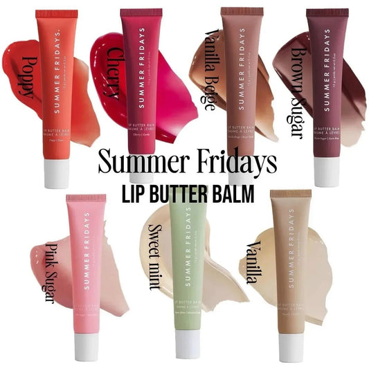 Set of four Summer Friday's Polypeptide Butter Lip Balms featuring hydrating, moisturizing liquid lip glosses and lip care cosmetics.