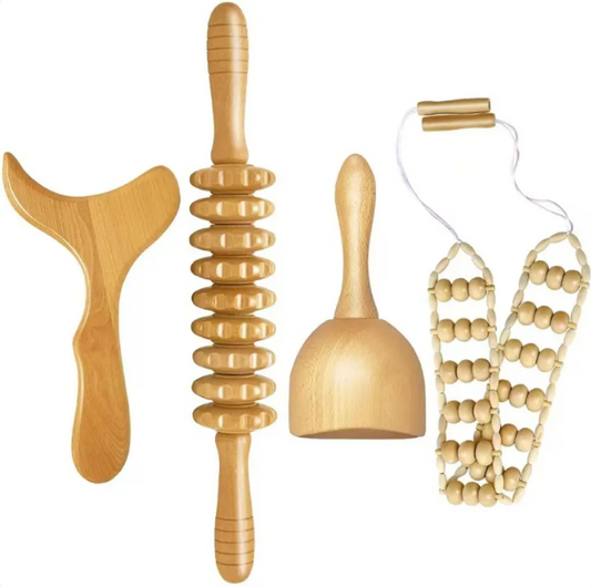 Wooden anti-cellulite hand massage roller set with four different textured rollers for effective skin massage and cellulite reduction.