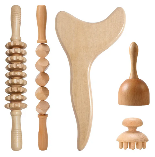 Wooden anti-cellulite hand massage roller set with four different rollers for skin massage and cellulite reduction.