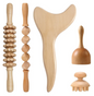 Wooden anti-cellulite hand massage roller set with four different rollers for skin massage and cellulite reduction.
