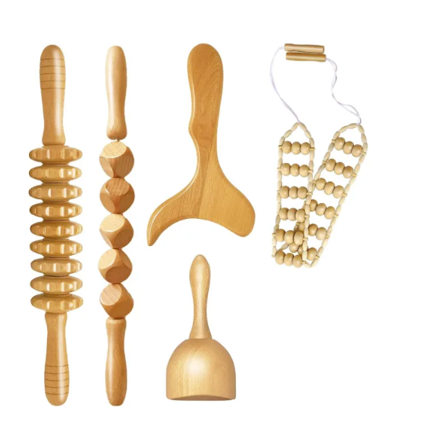 Wooden anti-cellulite hand massage roller set with four multi-use rollers for skin massage and cellulite reduction.