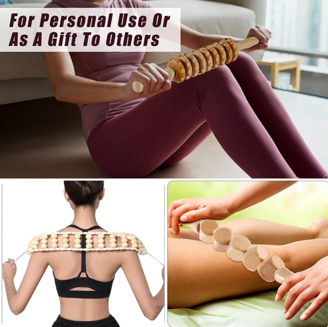 Wooden anti-cellulite hand massage roller set with four different options, designed for skin firming and massage therapy.