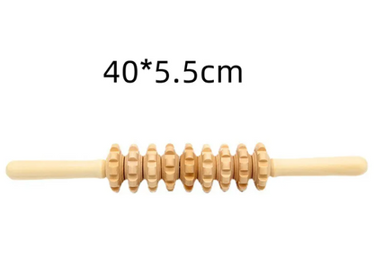 Wooden anti-cellulite hand massage roller set with four different rollers for skin toning and cellulite reduction.