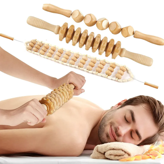 Wooden anti-cellulite hand massage roller set with four different options for skin toning and cellulite reduction.