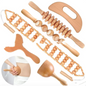 Wooden anti-cellulite hand massage roller set with four different options for effective skin toning and cellulite reduction.
