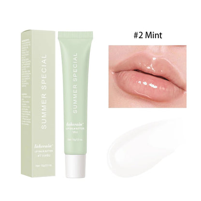 Set of four BackupMyFilesNow.com summer lip balms with moisturizing, mirror lip gloss, vanilla mint, iced coffee cake scents, transparent lip oil