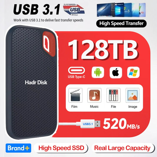Portable 4TB SSD external hard drive by BackupMyFilesNow.com, showing sleek black design with USB 3.2 connection for laptops and PCs.