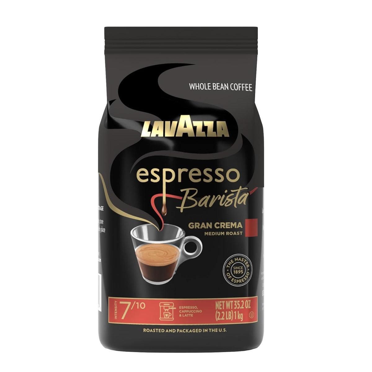 Lavazza Espresso Whole Bean Coffee, medium roast, 100% Arabica, 2.2 lb bag with six packs, ideal for espresso brewing.