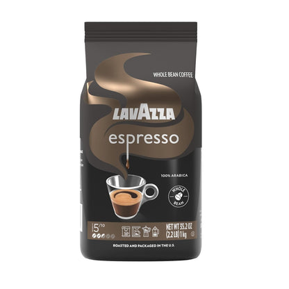 Lavazza Espresso Whole Bean Coffee, medium roast, 100% Arabica, 2.2 lb bag with six packs of Tierra for Amazonia flavor.
