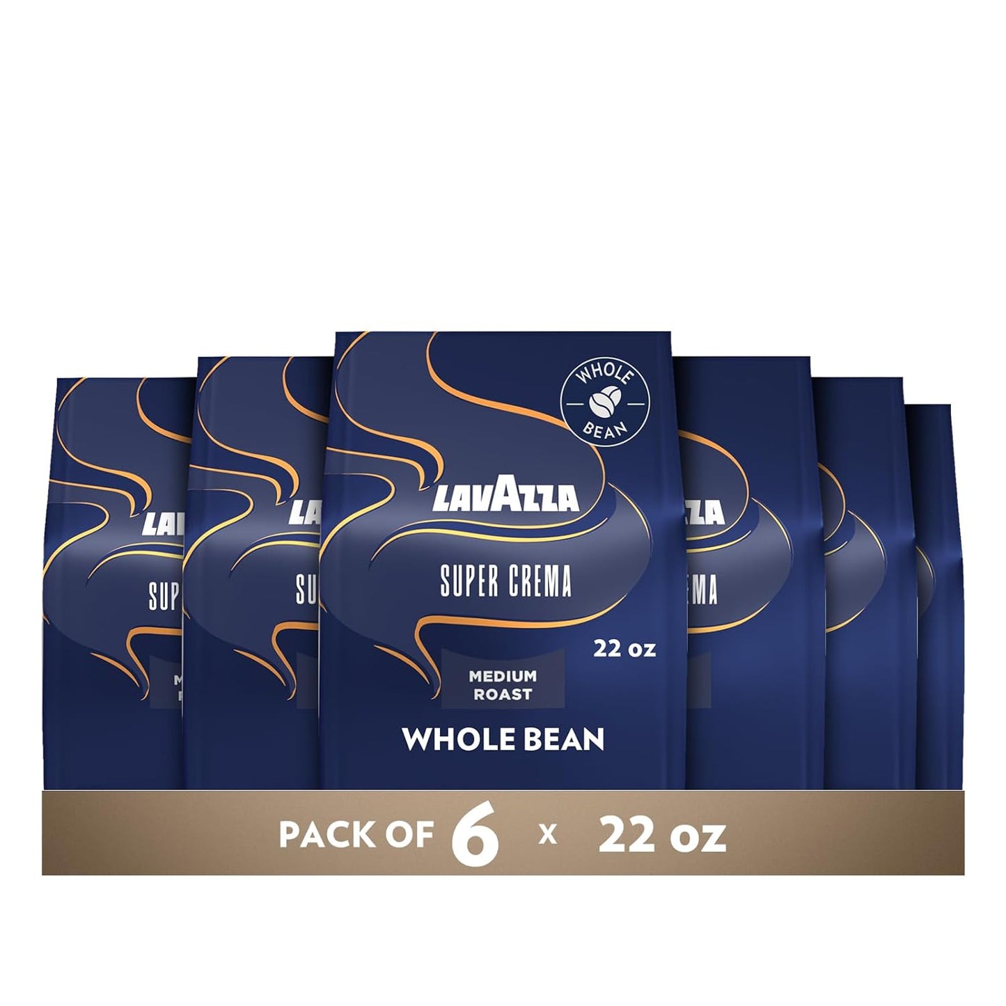 Lavazza Espresso Whole Bean Coffee, medium roast, 100% Arabica, 2.2 lb bag, showcase of six medium roast coffee bags