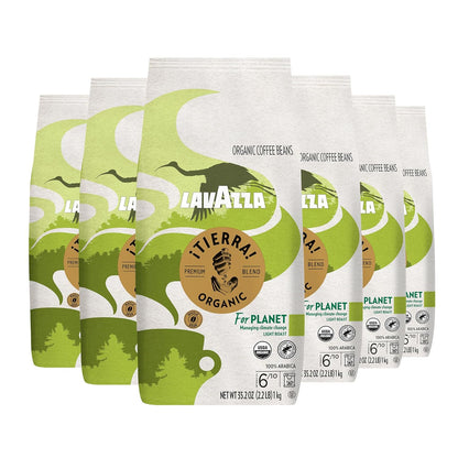 Lavazza Espresso Whole Bean Coffee, Medium Roast, 100% Arabica, 2.2 lb bag, displayed in a pack of six for brewing.
