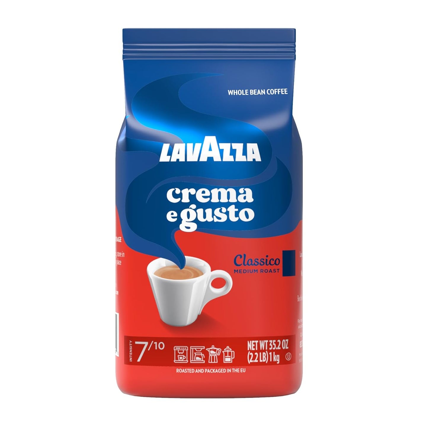 Lavazza Espresso whole bean coffee, medium roast, 100% Arabica, 2.2 lb bag, shown in a pack of six bags.